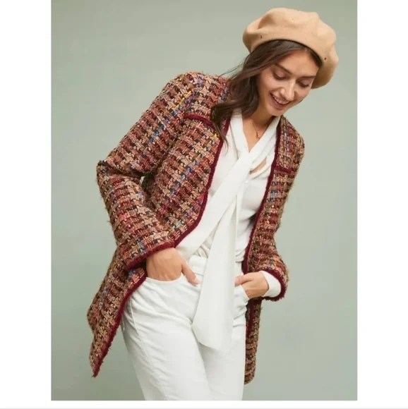 ANTHROPOLOGIE Ett:twa Harlequin Oversized Tweed Brown Burgundy Blazer Jacket - Picture 2 of 15